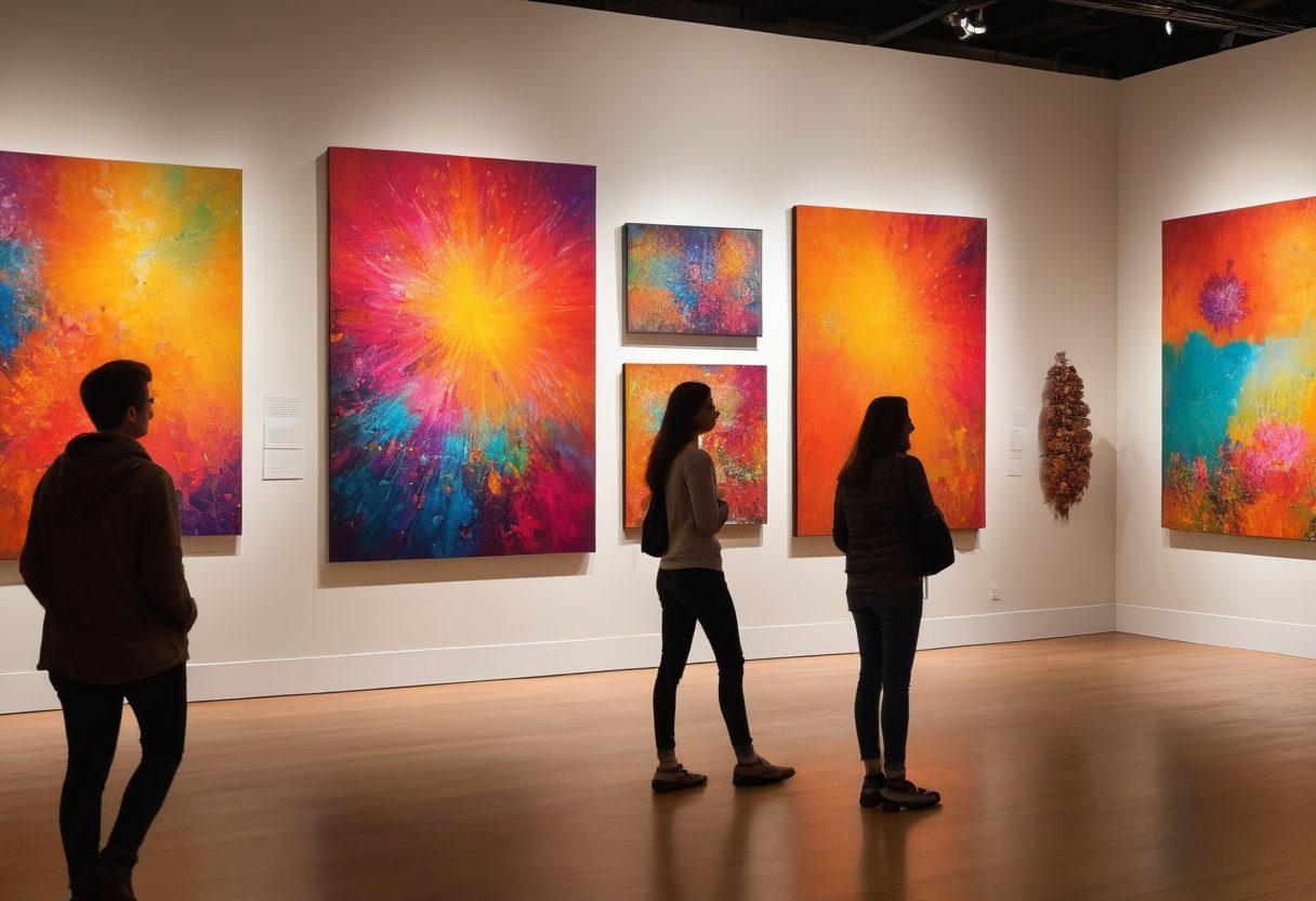 An enchanting gallery filled with colorful, vivid artworks celebrating joyful memories. Visitors of diverse backgrounds marvel at the exhibits, exchanging smiles and laughter. Soft, warm lighting enhances the blissful atmosphere, with a backdrop of abstract representations of happiness. Interactive displays invite engagement and reflection. dreamy art style. warm tones. vibrant colors.