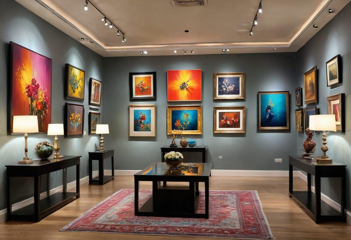 An elegantly arranged art gallery featuring an array of exquisite paintings and sculptures that radiate joy and beauty. Include vibrant colors and playful elements to capture the essence of captivating displays. The ambiance should be inviting, with soft lighting highlighting the art pieces, and a joyful crowd admiring the artwork. A hint of modern decor in the background to add a contemporary touch. super-realistic. vibrant colors. soft lighting.