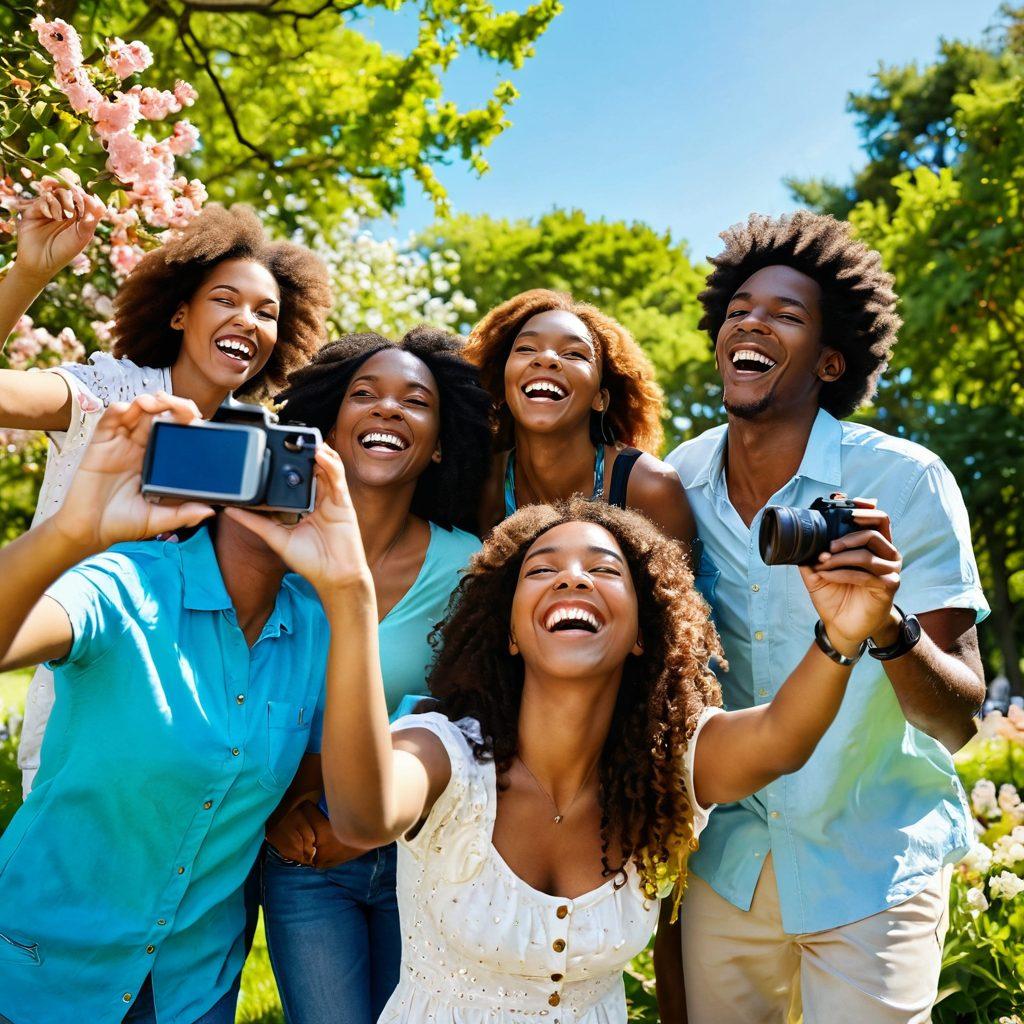 A radiant scene showcasing a group of diverse friends laughing and capturing joyful moments with a camera in a lush park filled with blooming flowers and sunlight filtering through the trees. The background features colorful photo galleries, each displaying captivating images of happy moments. Include vibrant colors and a bright blue sky to evoke a sense of bliss. super-realistic. vibrant colors. bright background.
